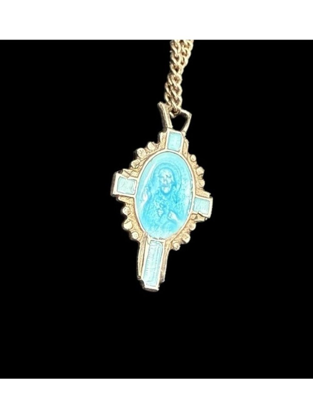 Art Deco Sterling Silver Blue Enamel Cross CRUCIFIX Jesus Mary Blessed Virgin